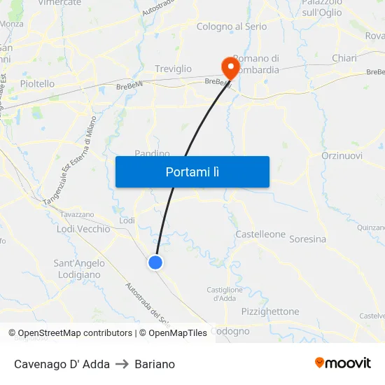 Cavenago D' Adda to Bariano map