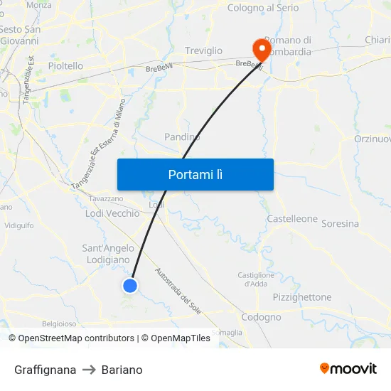 Graffignana to Bariano map