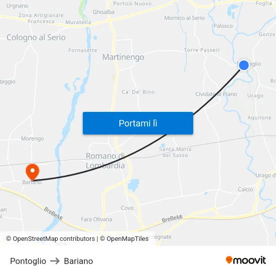 Pontoglio to Bariano map