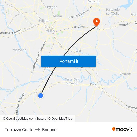 Torrazza Coste to Bariano map