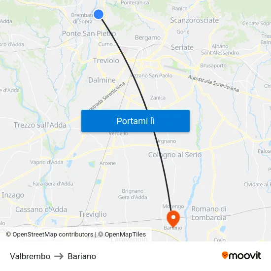 Valbrembo to Bariano map