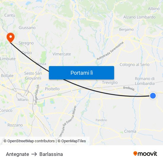 Antegnate to Barlassina map