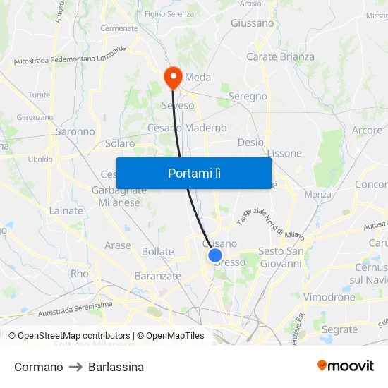 Cormano to Barlassina map