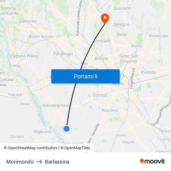 Morimondo to Barlassina map