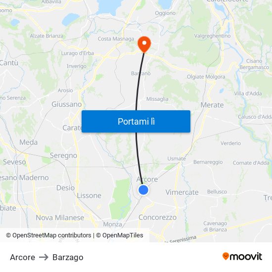 Arcore to Barzago map