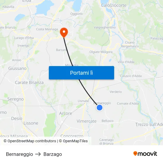 Bernareggio to Barzago map