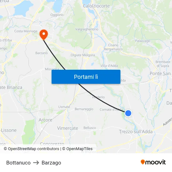 Bottanuco to Barzago map