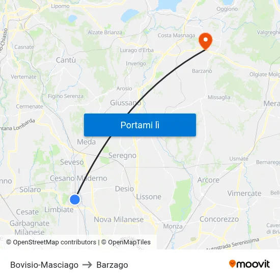 Bovisio-Masciago to Barzago map