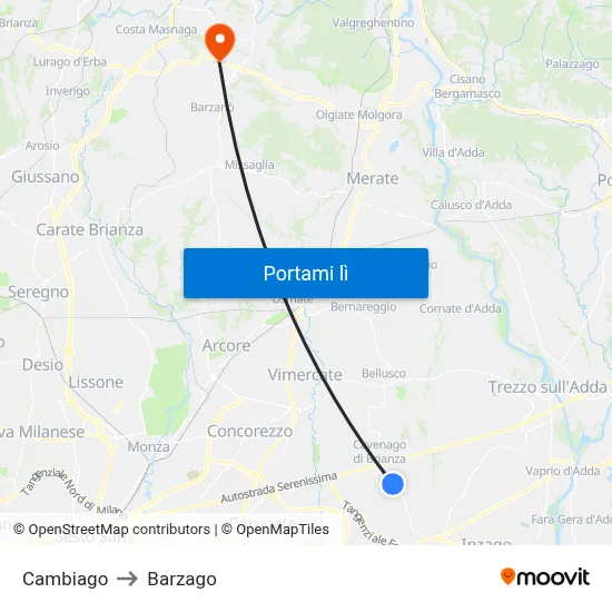 Cambiago to Barzago map