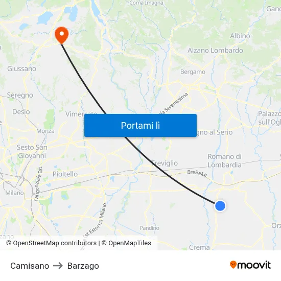 Camisano to Barzago map