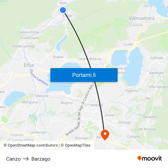 Canzo to Barzago map