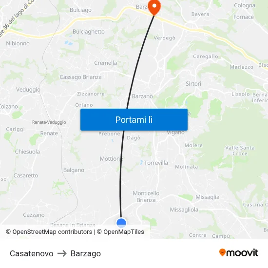 Casatenovo to Barzago map