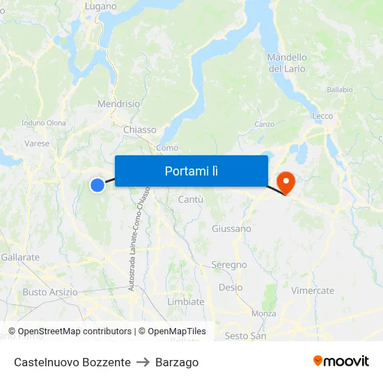 Castelnuovo Bozzente to Barzago map