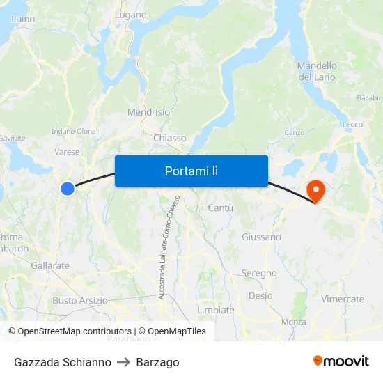 Gazzada Schianno to Barzago map