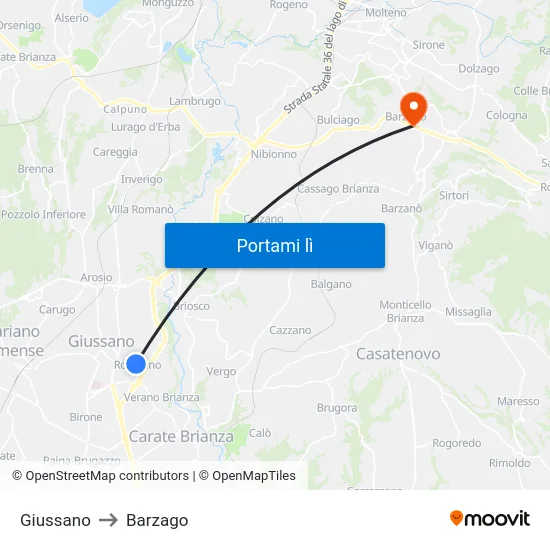 Giussano to Barzago map