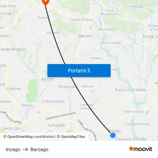 Inzago to Barzago map
