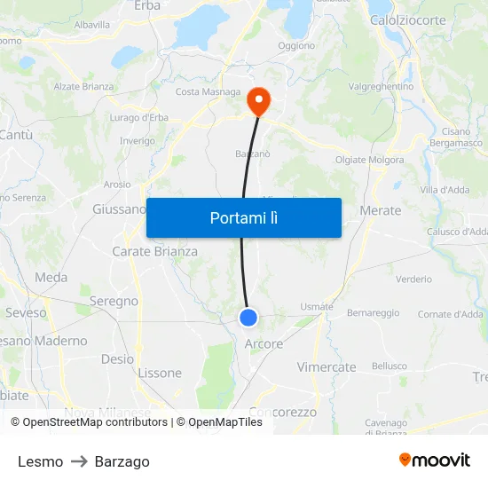 Lesmo to Barzago map