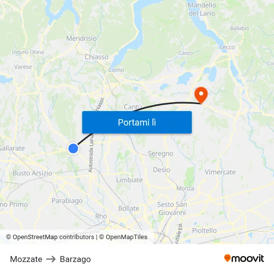 Mozzate to Barzago map