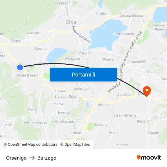 Orsenigo to Barzago map