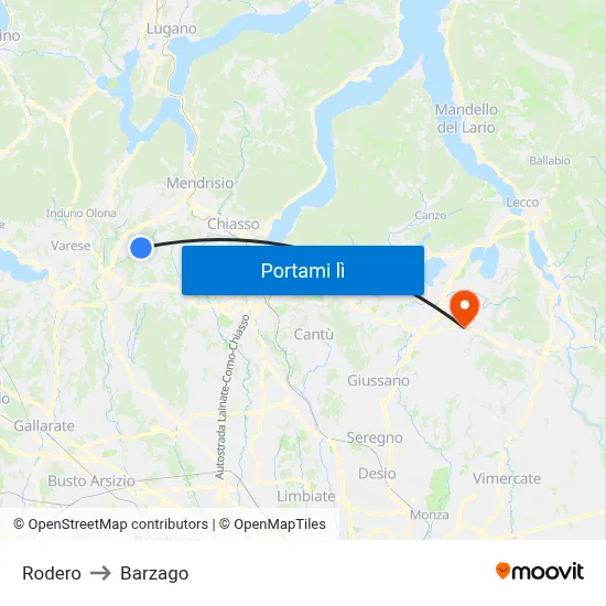 Rodero to Barzago map