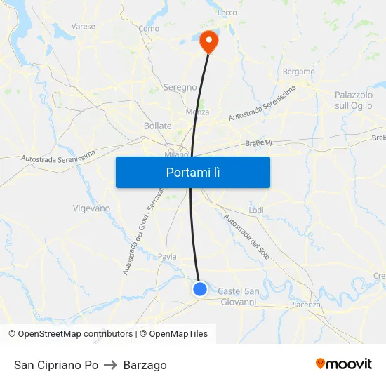 San Cipriano Po to Barzago map
