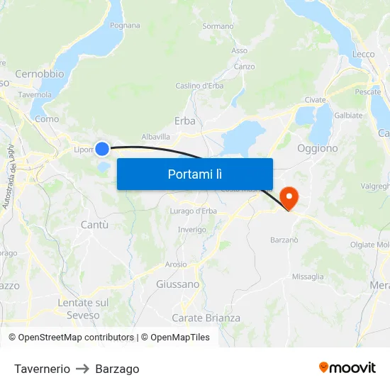 Tavernerio to Barzago map