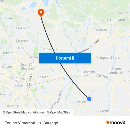 Torlino Vimercati to Barzago map