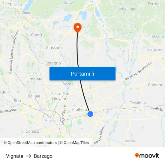 Vignate to Barzago map