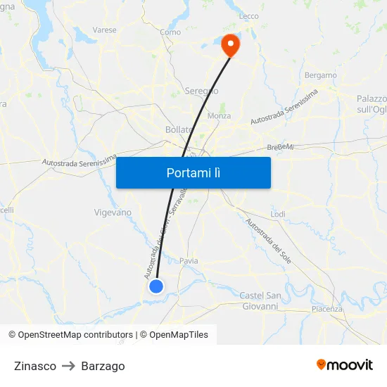 Zinasco to Barzago map