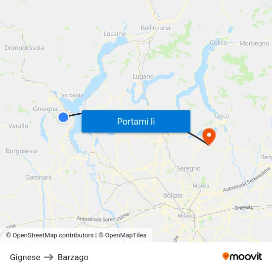 Gignese to Barzago map