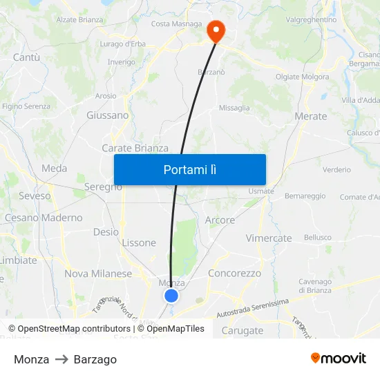 Monza to Barzago map