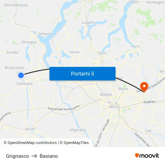 Grignasco to Basiano map
