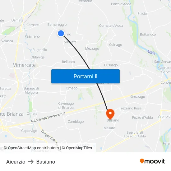 Aicurzio to Basiano map
