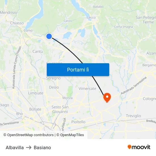 Albavilla to Basiano map