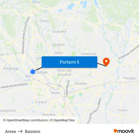 Arese to Basiano map