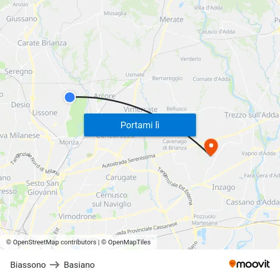 Biassono to Basiano map
