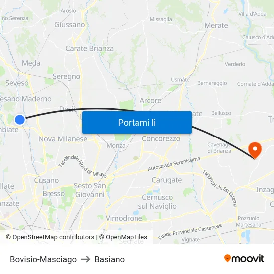 Bovisio-Masciago to Basiano map