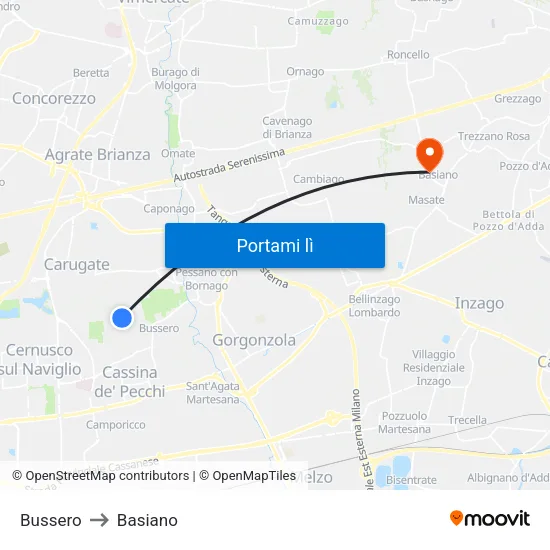 Bussero to Basiano map
