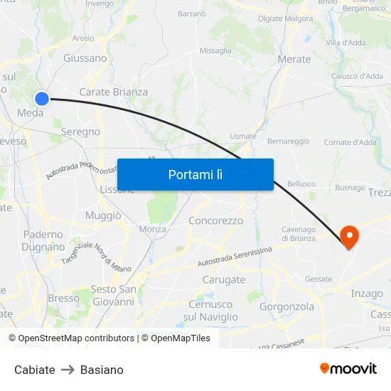 Cabiate to Basiano map