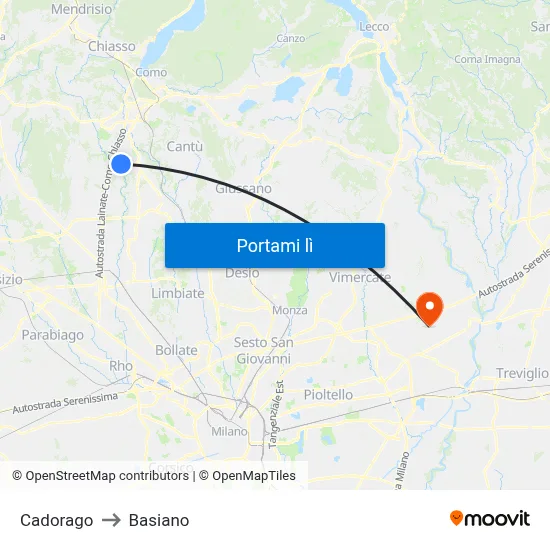 Cadorago to Basiano map