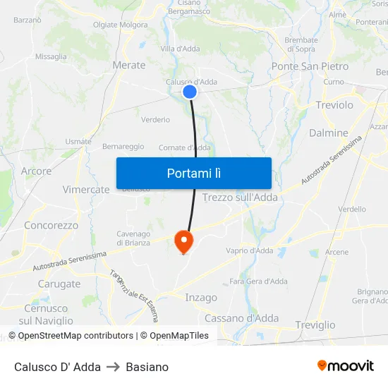 Calusco D' Adda to Basiano map