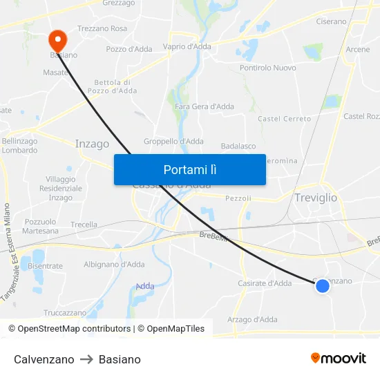 Calvenzano to Basiano map