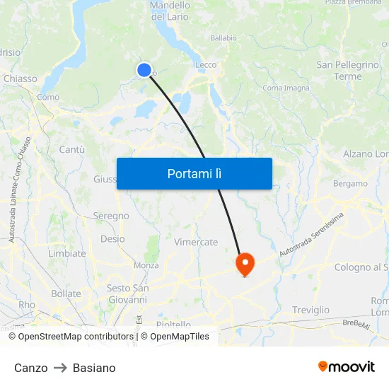 Canzo to Basiano map