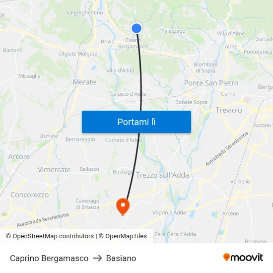 Caprino Bergamasco to Basiano map