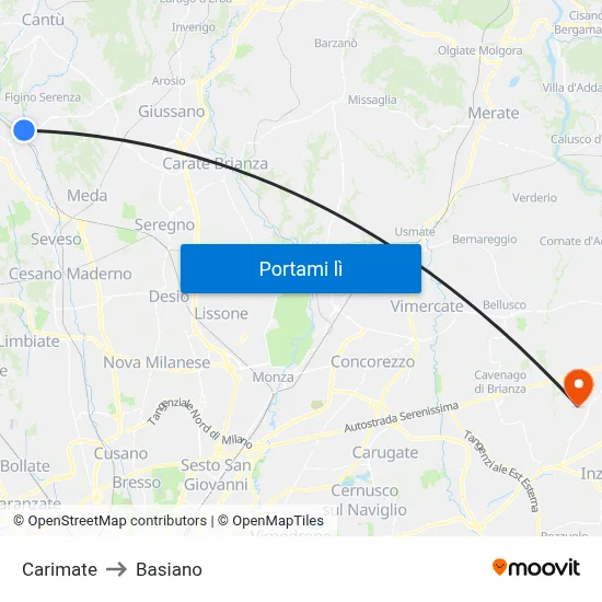 Carimate to Basiano map