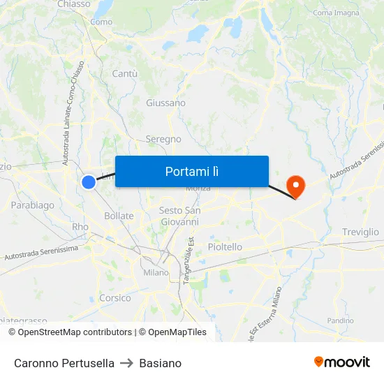 Caronno Pertusella to Basiano map