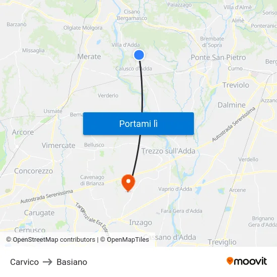 Carvico to Basiano map