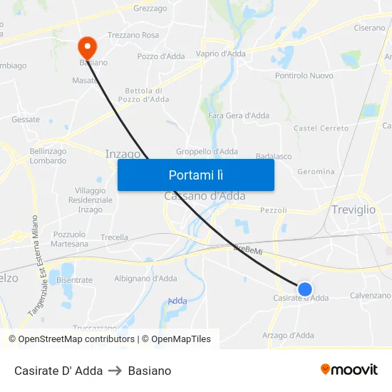 Casirate D' Adda to Basiano map
