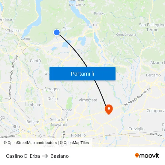 Caslino D' Erba to Basiano map