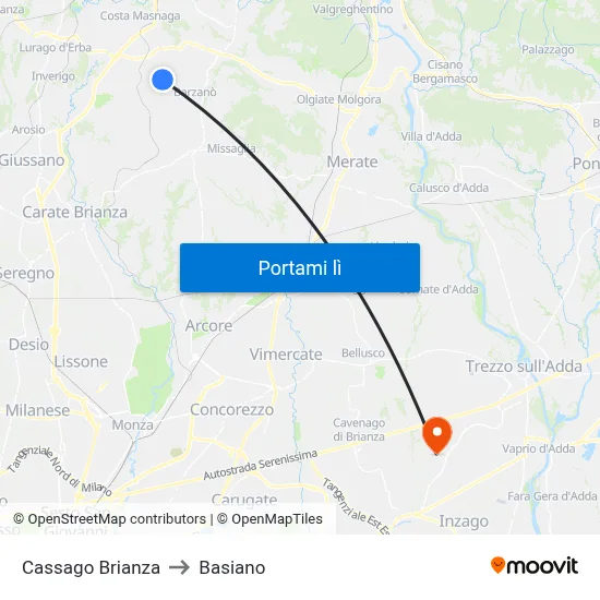 Cassago Brianza to Basiano map